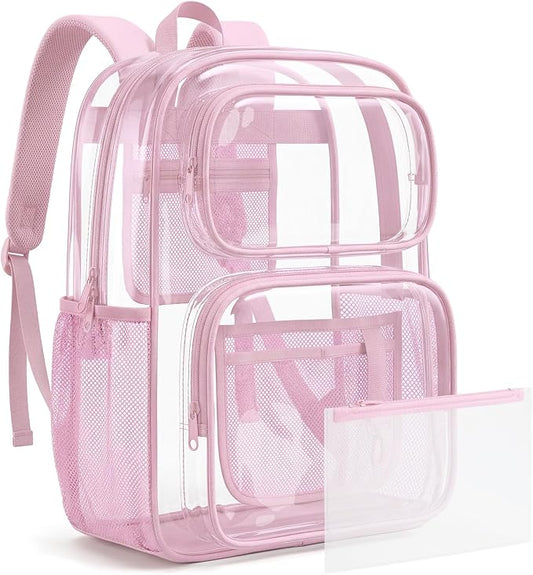 mommore Clear Backpack Set for School, Large Heavy Duty Transparent Bookbag with Pencil Bag for Boys Girls, 17 inch See Through PVC Plastic Backpack with DIY Patches for College Work Casual