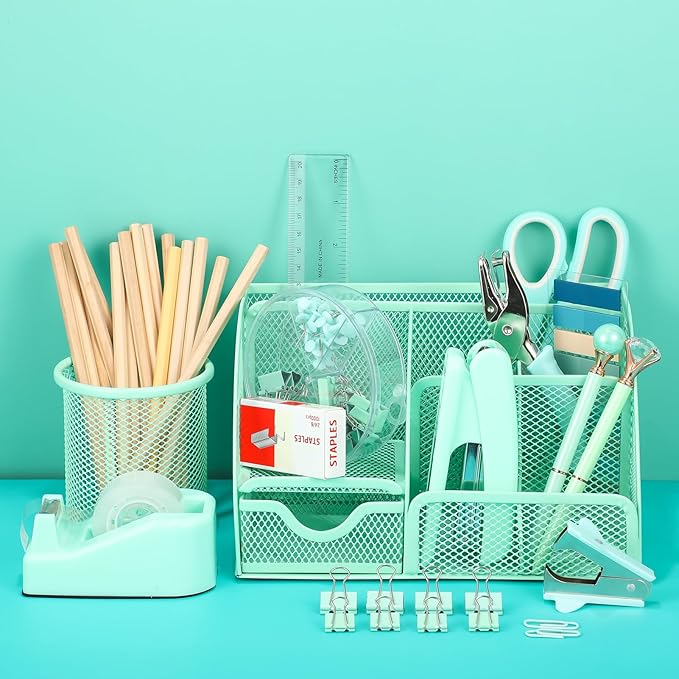 auroray Green Desk Organizers and Accessories, Teal Office Supplies Set Green Mesh Desk Organizer, Stapler, Tape Dispenser, 1000 Staples, Staple Remover, Pen Holder, Clips Set, Ruler, Scissors