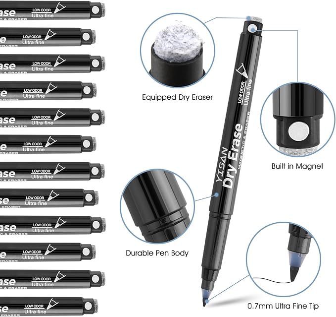 YISAN Black Dry Erase Markers Ultra Fine Tip,0.7mm Extra Fine Point, Whiteboard Markers with Eraser,Low Odor,70573