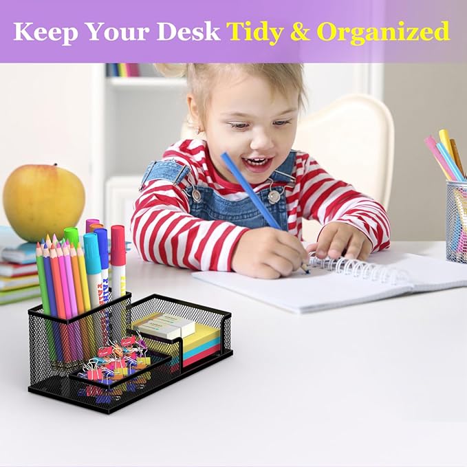 SUPEASY Pen Holder Desk Organizer, Office Supplies Pencil Holder with 3 Compartments, Desk Accessories and Workspace Organizers for Home School Classroom, Black