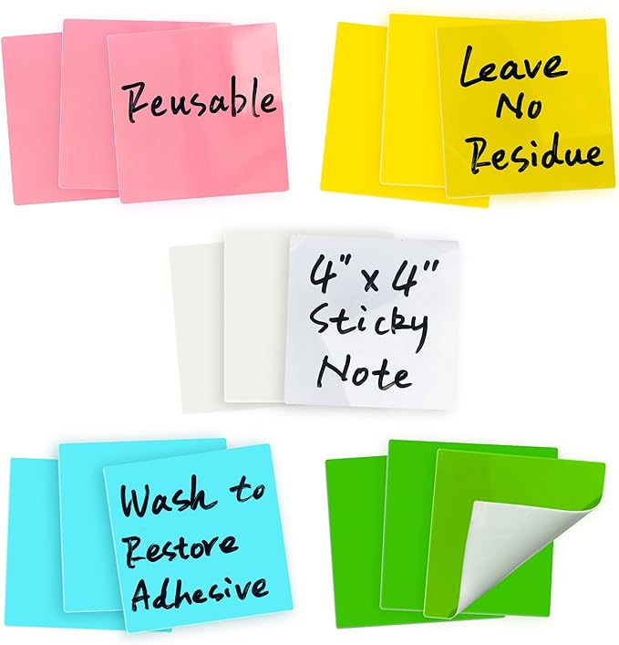 Mr-Label – 15-Pack 4"x4" Reusable Dry Erase Self-Sticky Notes – Multi Color Washable Post It Notes – Versatile Quick Memo Note Pads (5 Colors, 15pcs)
