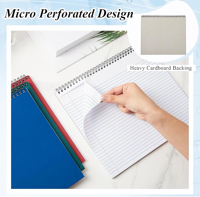 MotiMind 4 Pcs Legal Pads Landscape Notebooks Hole Punched Top Spiral Bound Notebooks 11 x 9.5 Inch College Ruled Drawing Notepad Tear Line for Removal 50 Sheet Office Steno Book(Multicolor,White)