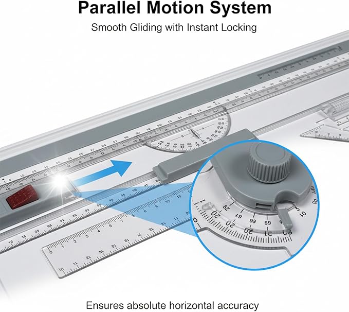 A3 Portable Drawing Table Board with Clear Rule Parallel Motion and Angle Adjustable Measuring System, Multi-Function Metric Drawing Board Drafting Table for Engineering Students