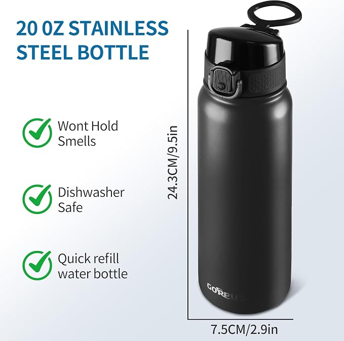 GOPPUS Insulated Water Bottle 20oz Stainless Steel BPA-Free Sports Bottle Ideal for School and Travel Silicone Spout Lid Prevents Leaks, Sweat, and Dust (Black)