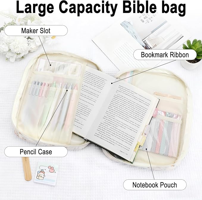 Bible Cover Case Study Supplies for Women Gifts Large Bible Cover with Highlighters Pens Tabs Cute Quilted Carrying Case Christian Journal Kit Accessories Christian Gifts Sticky Notes A