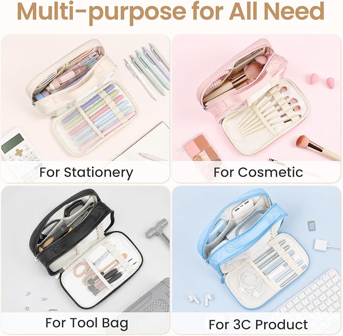 Sooez Large Pencil Case, Pencil Pouch with Handle, Pen Bag Marker Organizer | Soft Quilted, 7 Compartments, Wide Opening, Smooth Sturdy Zippers, Aesthetic Design, School Supplies for Teen Girls & Women