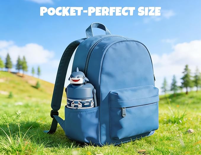 POWCAN 12 oz Insulated Water Bottle for School: 2-in-1 Straw Spout Lid with Soft Animal Head, Leakproof, BPA-Free, Keep Cold 24H, Easy Carry, Stainless Steel Cup for Kids, Boys, Girls (Baby Shark)