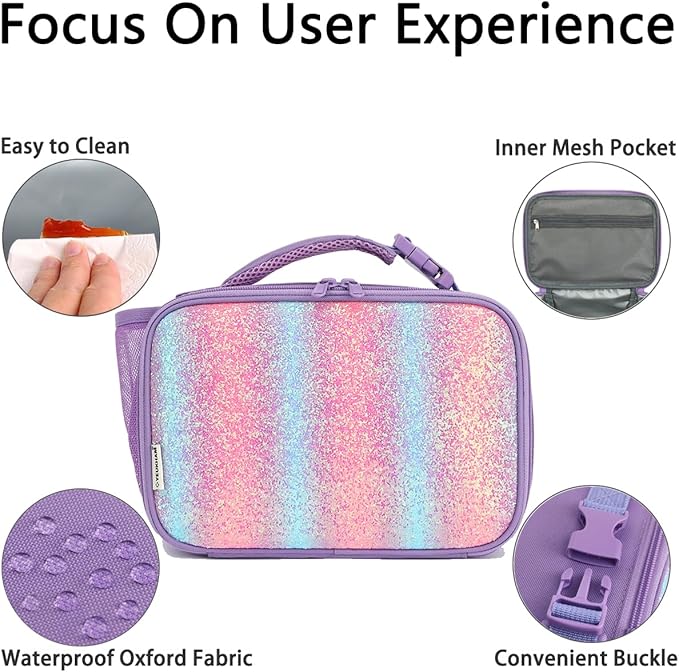 GYEUKHAM Insulated Lunch Box for School, Thermal Reusable Durable Freezable Lunch Bags for Kids Boys Girls Men Women - Small Soft Cooler Portable Lunch Tote Kit for Work Picnic Travel,Purple Glitter