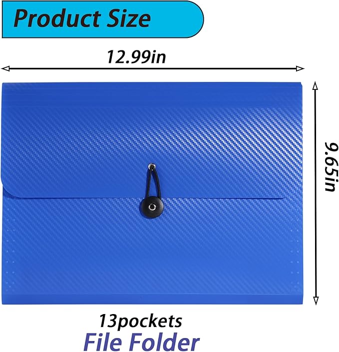A4 Paper Document Organizer Expanding File Folder with 13 Pockets Accordion File Holder with Tabs for Home School Office, Blue Plastic Material