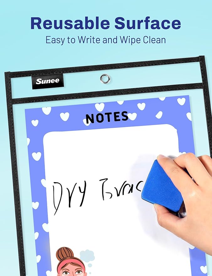 SUNEE 30 Packs Oversized Reusable Dry Erase Pocket Sleeves with 2 Rings, Black 10x14 Ticket Holders, Clear Plastic Sheet Protectors, Teacher School Classroom Supplies