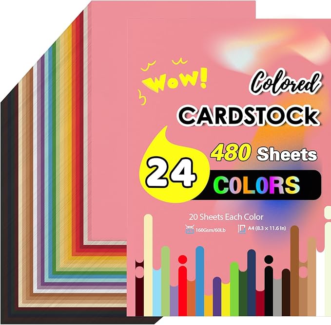 480 Sheets Colored Cardstock Paper Bulk, 24 Colors Card Stock 160 GSM 60 Lb Colored Paper, 8.5×11 Color Cardstock for Printing Scrapbook Creative DIY