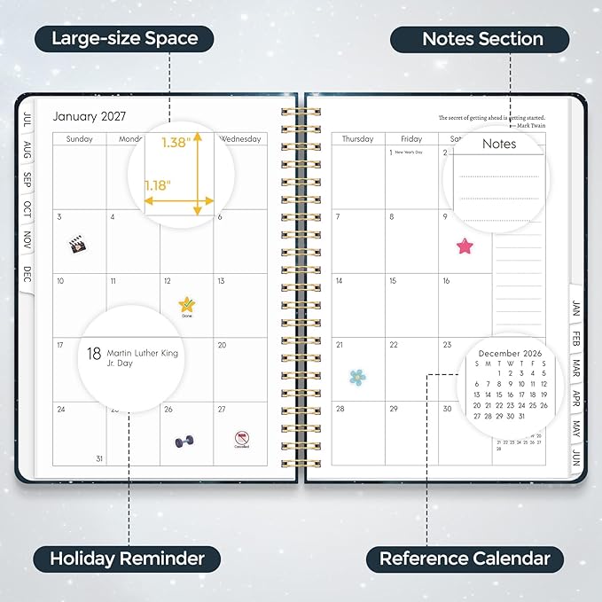 KONVINIT Academic Planner 2026-2027, Blue Daily Planner 2026 with Tabs for Student Teacher, 12 Months 2026-2027 Monthly Planner - July. 2026 to June. 2027, A5 (6.1" x 8.5") Week Planner 2027 for Home, Office, School Supplies, Starry Print