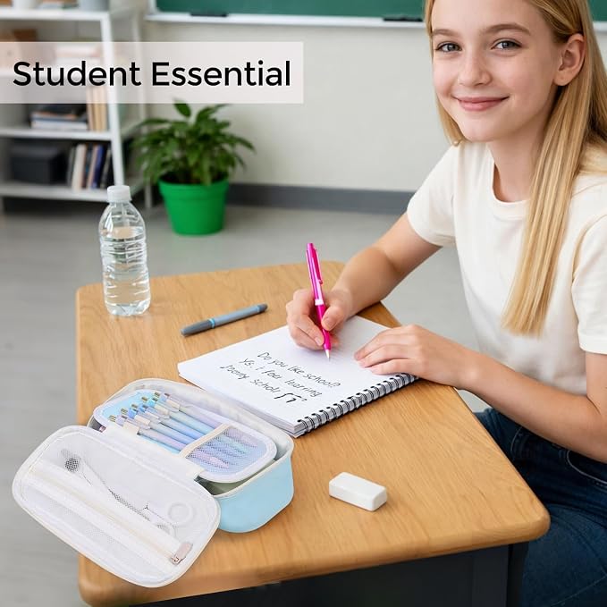 SKYDUE Blue Pencil Case for Girls & Boys – Large Capacity Zippered Pencil Pouch with Multi-Compartment, Aesthetic Pencil Bag for School & Office Supplies