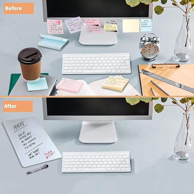 Glass White Board with Stand,Magnetic Mini Dry Erase Board for Desk,Small Desktop Whiteboard with Solid Wood Bracket