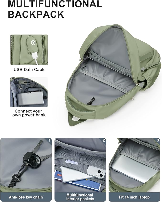 winspansy Small Backpack For School Girls Boys Aesthetic Lightweight Travel Daypack Simple Cute Backpack For Women Men College High School Bookbag Bag Fit 14 Inch Laptop With USB charging port, Green