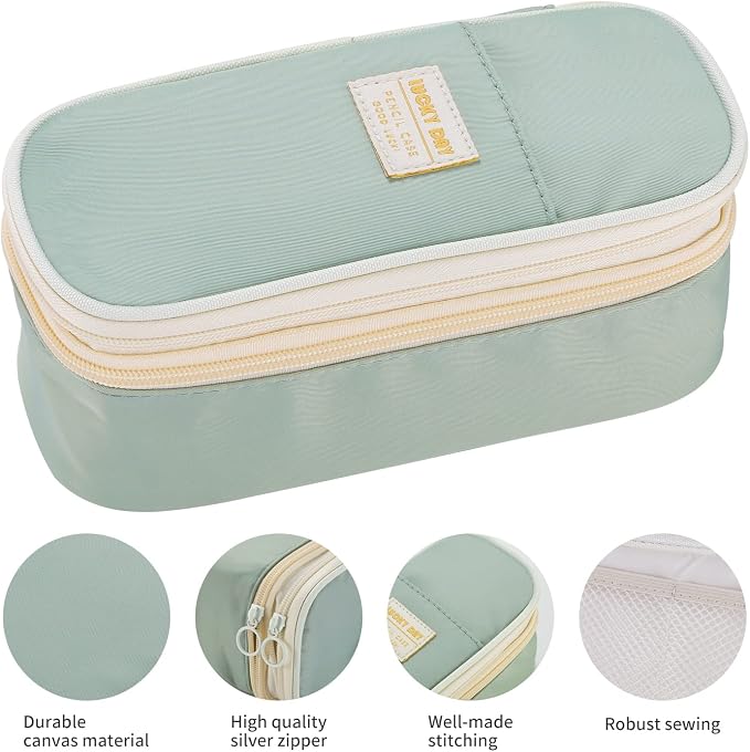 Dugio Large Pencil Case for Girls Kids Teens Big Zipper Pencil Pouch Green | Organizer Pencil Bag Aesthetic Cute Pen Pencil Box Back to School Supplies, Large Capacity Design, Durable Metal Zipper