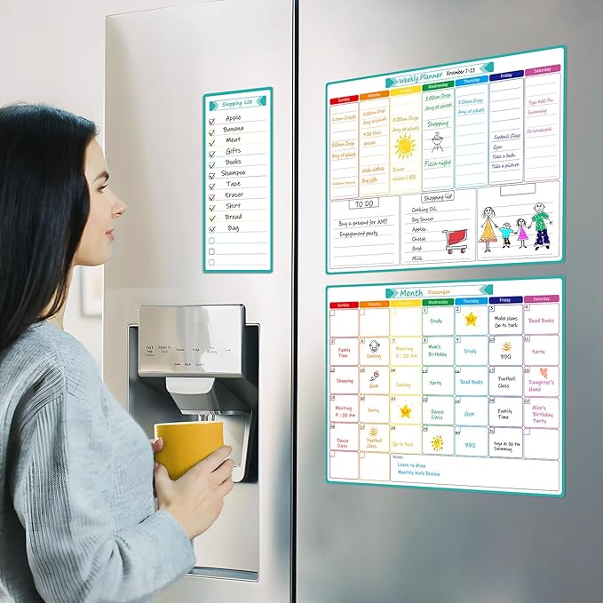 MaxGear Magnetic Fridge Calendar Whiteboard, 16"x12" Monthly and Weekly Dry Erase Board for Refrigerator, Smooth Writing and Effortless Cleaning Planner Board with 7 Markers,1 Eraser,1 Shopping List