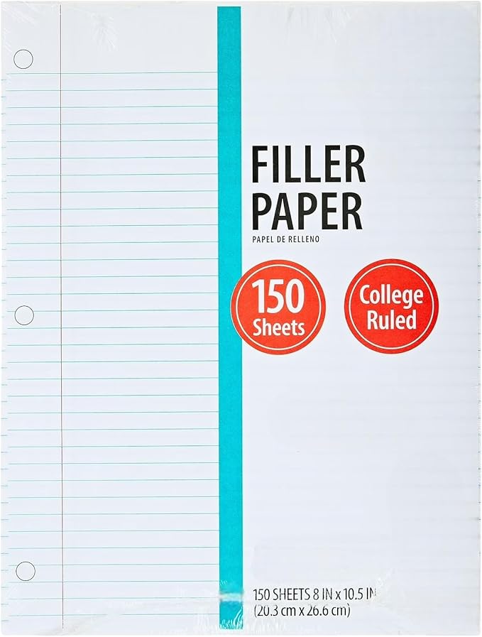 Filler Paper, College Ruled Loose Leaf Paper, 8 x 10.5 Inch, 150 Sheets, Lined Writing Paper for School, Office & Note Taking