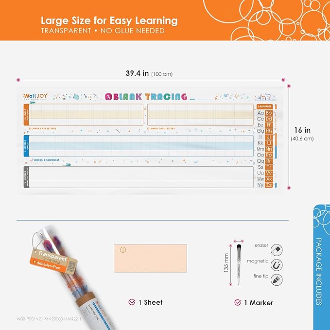 Dry Erase Handwriting Practice for Kids – 39.4×16” Large Clear Lined Dry Erase Board, Whiteboard with Lines that Sticks to Any Surface