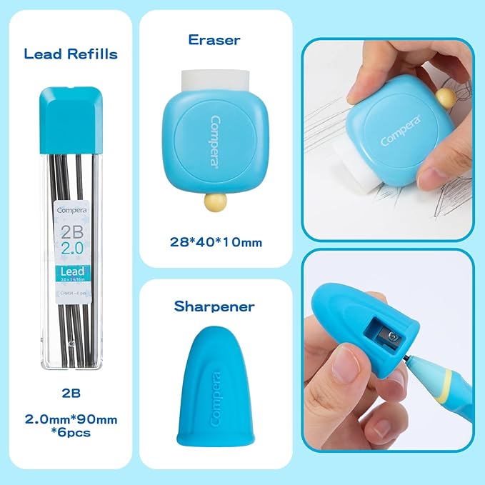 Ergonomic Pencil Set, 2.0mm HB Mechanical Pencils for Kids, School Supplies Include Sharpener, Eraser & 6 Extra Leads – Handwriting Aid for Preschool, Kindergarten, Homes, Blue, L