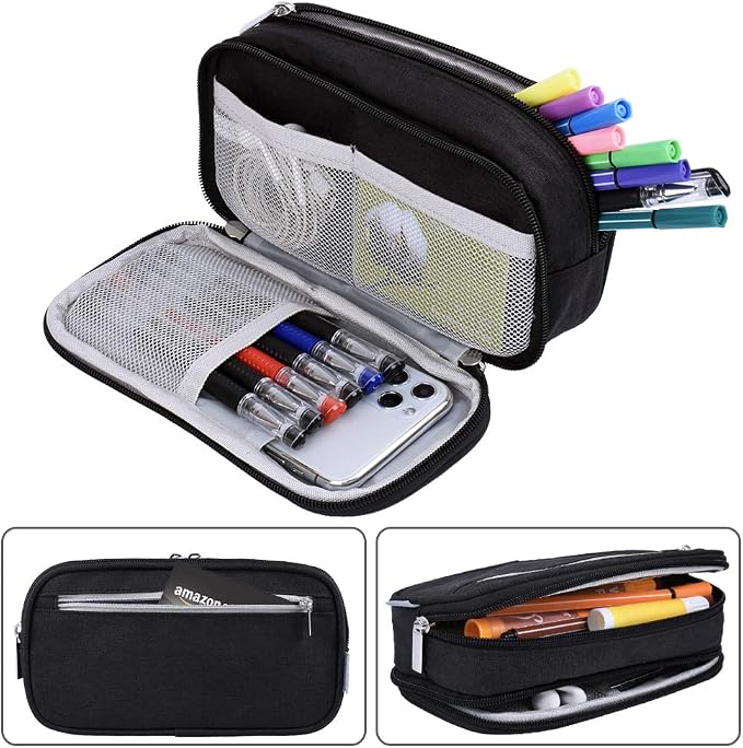 Chelory Big Pencil Case Large Capacity Pencil Bag Pouch 3 Multi Comparments High Storage Pen Holder Marker Holder Portable Office Stationery Organizer Supplies Makeup Cosmetic Bag Men Women (Black)
