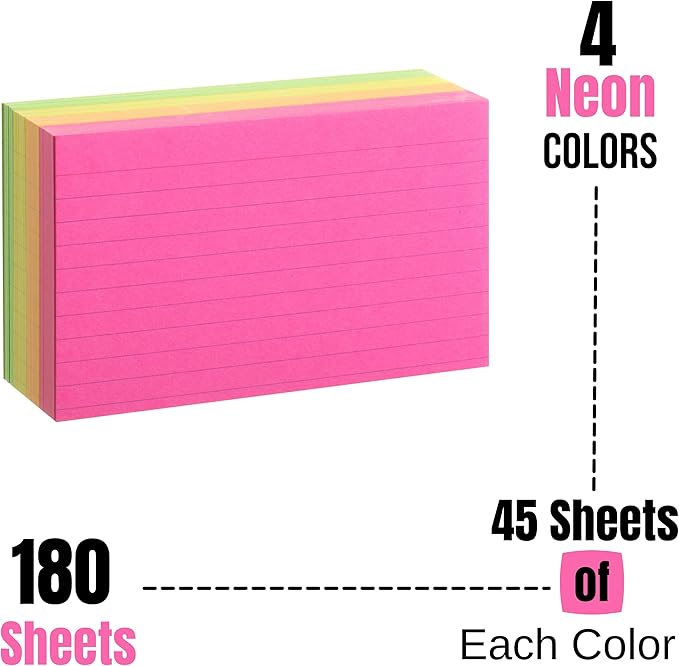 Mr. Pen Lined Neon Study Cards - 3x5, 180 Cards - Ruled Flashcards for Studying