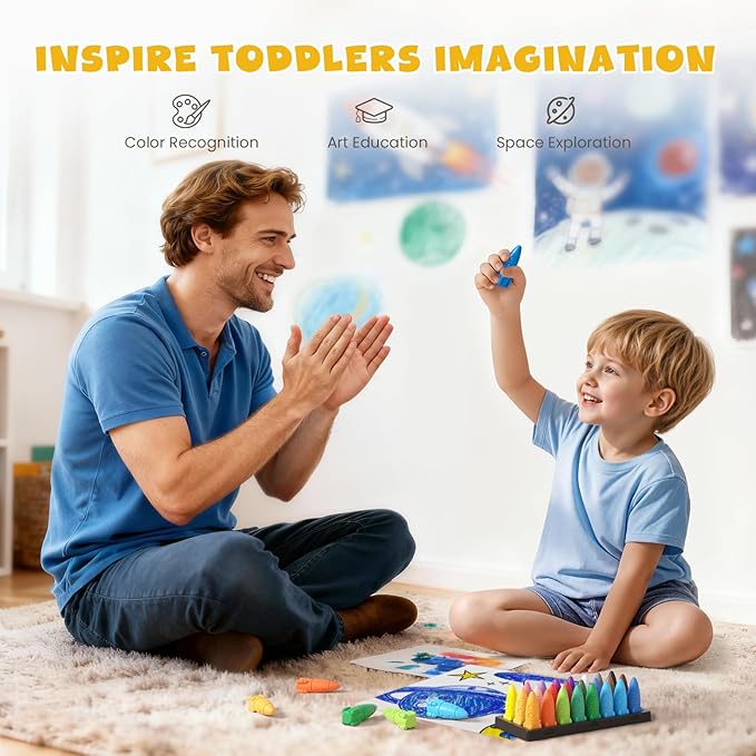JUPITEARTH 24 Colors Crayons for Toddlers, Non-Toxic Washable Rocket Crayons, Easy-to-Hold Coloring Gifts & Mess-Free Art Supplies for Little Hands