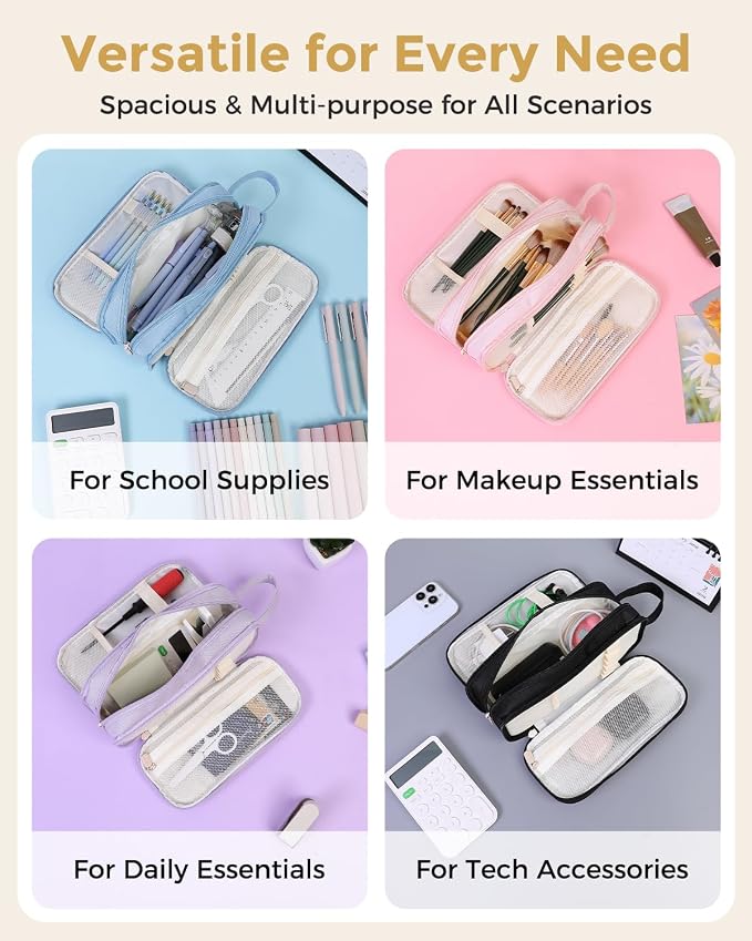 SKYDUE Large Capacity Pencil Case with Handle, 3 Compartment Canvas Pencil Pouch, Cute Soft Color Pencil Bag for Pens, Markers, Aesthetic Stationery and Organizer for Teen Girls Adult, Beige
