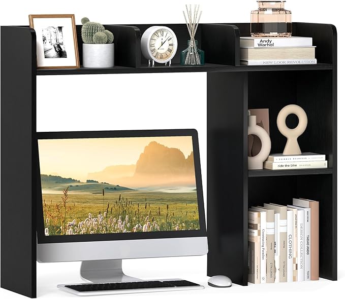 Giantex Desktop Bookshelf, Wood Desk Hutch Organizer for 27 Inch Computer Monitor, Countertop Storage Display Rack with 5 Shelves, Multipurpose Desktop Shelf Bookcase for Dorm Office Home, Black