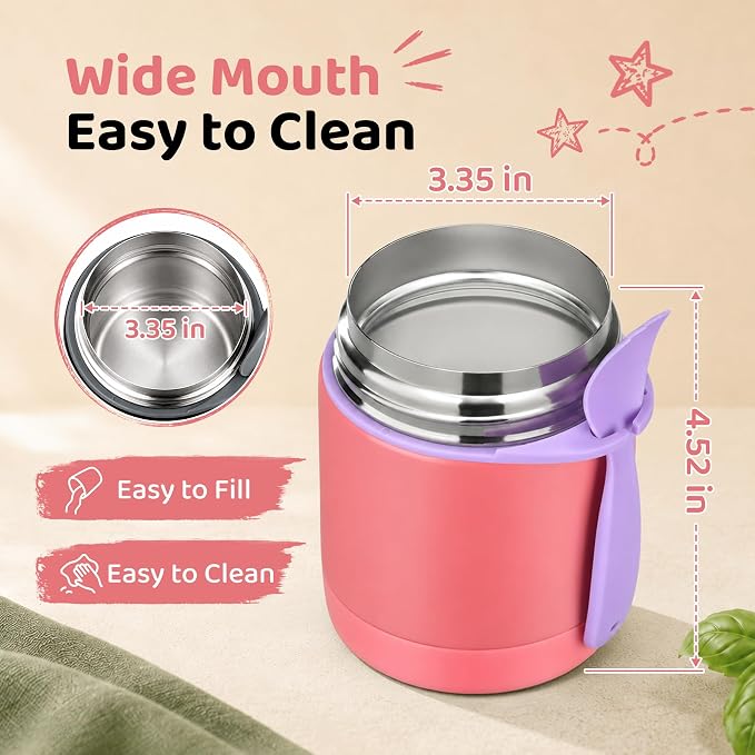 Pawtong 10oz Insulated Food Jar, Thermo for Hot Food Lunch Container, Stainless Steel Lunch Box for Kids with Spoon (Pink)