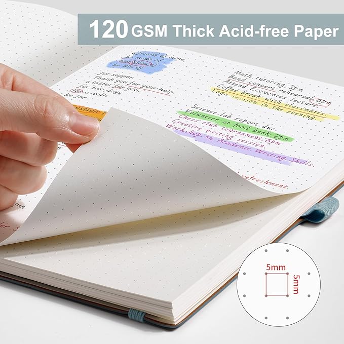 AHGXG Dotted Journal - Dot Grid Notebook Journal, 120 GSM Thick Acid-Free Paper, Large B5 Dotted Notebook 96 Pages, Leather Softcover, Inner Pocket, Journal Stencil, 7.6'' X 10'', Gray Blue