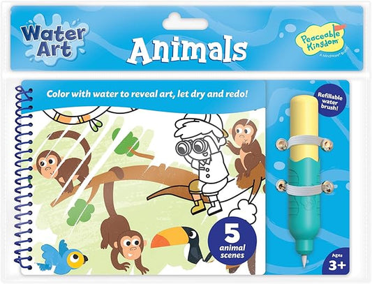 Peaceable Kingdom Water Art Animals Book, Reusable Color Reveal Painting Pad Including Refillable Brush Pen, Mess Free Creativity Activity, Preschool Children Age 3+, Early Motor Skill Builder
