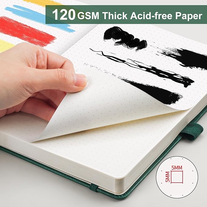 AHGXG Dotted Journal - Dot Grid Notebook Journal, 120 GSM Thick Acid-Free Paper, A5 Dotted Notebook 160 Pages, Leather Hardcover, Inner Pocket, Journal Stencil, 5.7'' × 8.3'', Dark Green