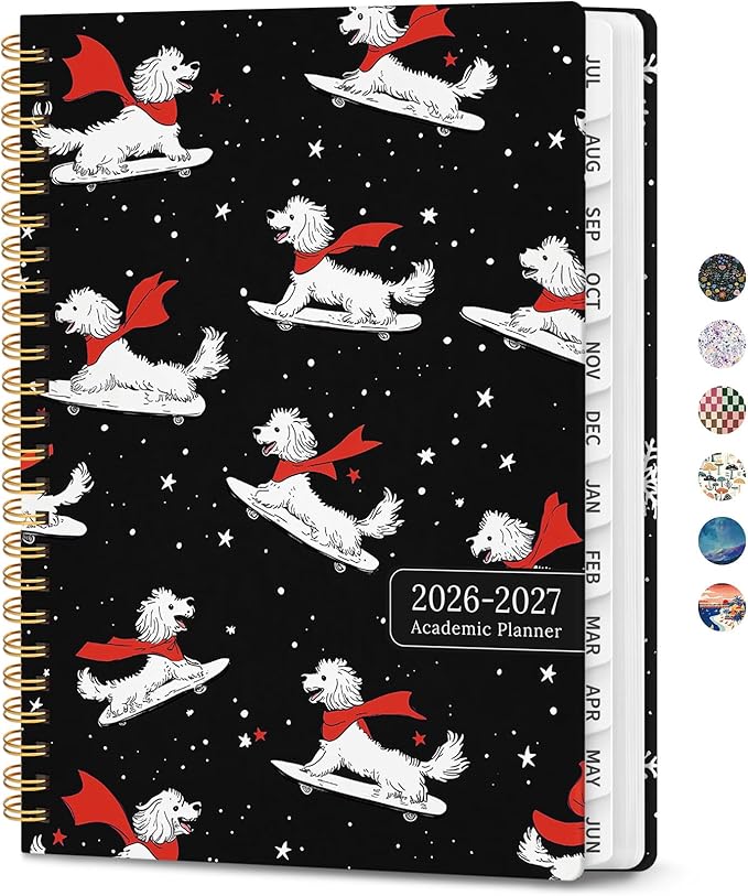 Planner 2026-2027, Academic Planner Weekly and Monthly, Jul 2026 - Jun 2027, Spiral Bound School Planning Tool with Tabs and Pocket, Perfect for Students & Teacher, 6.3" x 8.5", Skate Pup