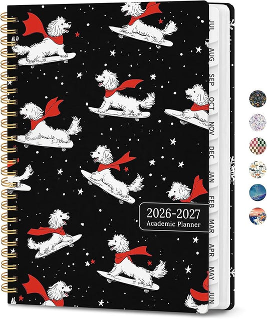 Planner 2026-2027, Academic Planner Weekly and Monthly, Jul 2026 - Jun 2027, Spiral Bound School Planning Tool with Tabs and Pocket, Perfect for Students & Teacher, 6.3" x 8.5", Skate Pup