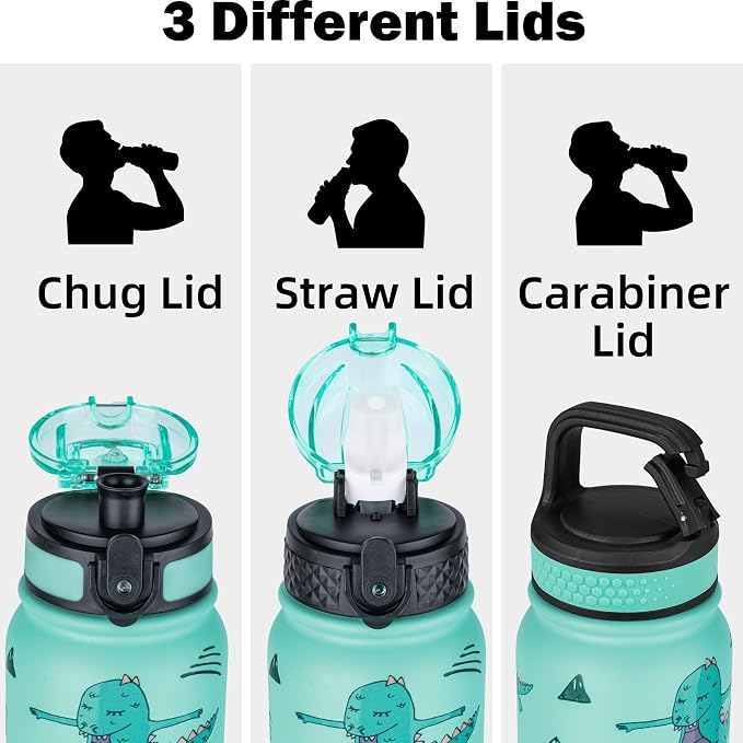 Oldley Insulated Water Bottle 20oz Water Bottles with Straw, Stainless Steel Water Bottle with 3 Lids, Double Wall Vacuum Bottles for Adult Kids, Sports Bottles for School Travel, Cute Dinosaur