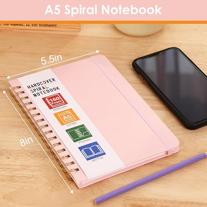 LABUK Hardcover Spiral Notebook for Women, A5 Lined Pink Journaling Notebooks for Work, 5.5 x 8in 160Pages Spiral Journal for Writing