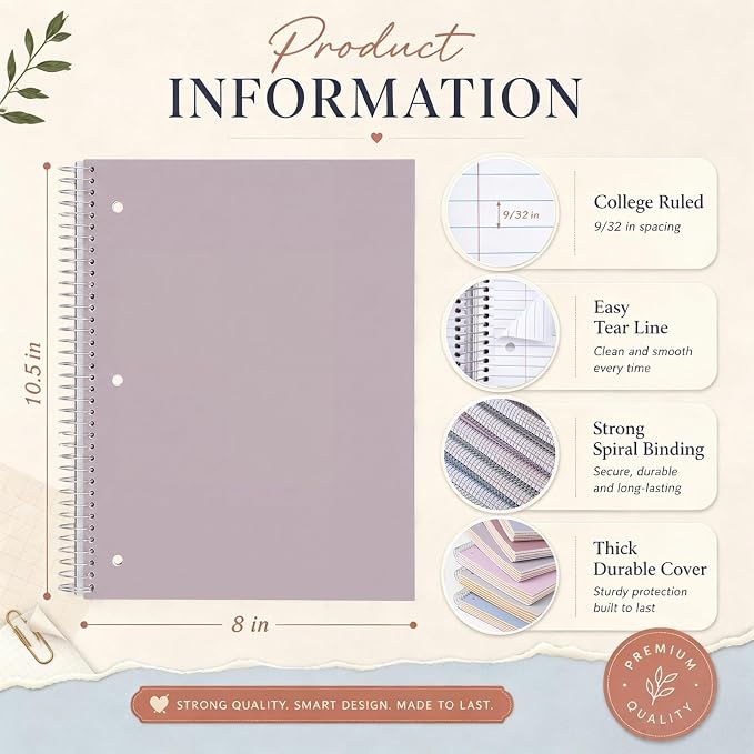 Qilery 6 Pack 5 Subject Notebook College Ruled with Hardcover 200 Sheets Thick Pages 8 x 10.5 Inch Spiral Journal Thick Notebook 3 Hole Assorted Colors Easy Tear Line Office(Taro Color)