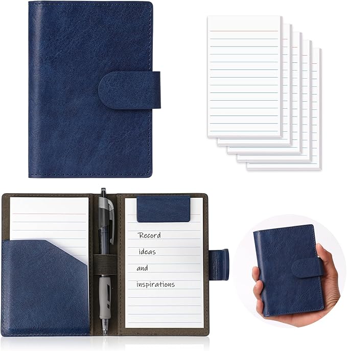 Blue Index Card Holder PU Leather 3x5 Note Card Holder Wallet Portable Pocket Notepad with Pen Holder Magnetic Index Card Case with Card Solt 20 Pcs Ruled Note Cards For Record Meetings (No Pen)