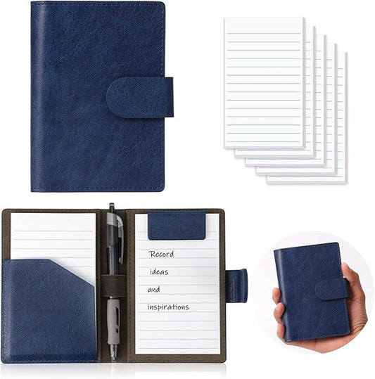 Blue Index Card Holder PU Leather 3x5 Note Card Holder Wallet Portable Pocket Notepad with Pen Holder Magnetic Index Card Case with Card Solt 20 Pcs Ruled Note Cards For Record Meetings (No Pen)