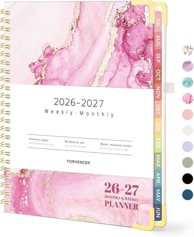 Forvencer Academic Planner 2026-2027, Hardcover Calendar Planner Weekly & Monthly, July 2026 - June 2027, 6" x 8", Daily Agenda with Tabs, College School Organizer for Student Teacher, Pink Marble