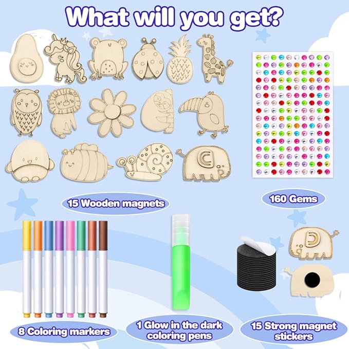 EAPHANT Kids Crafts, 15 PCS Kids Activities Arts and Crafts Painting Kits, Glow in The Dark Wooden Magnets to Paint