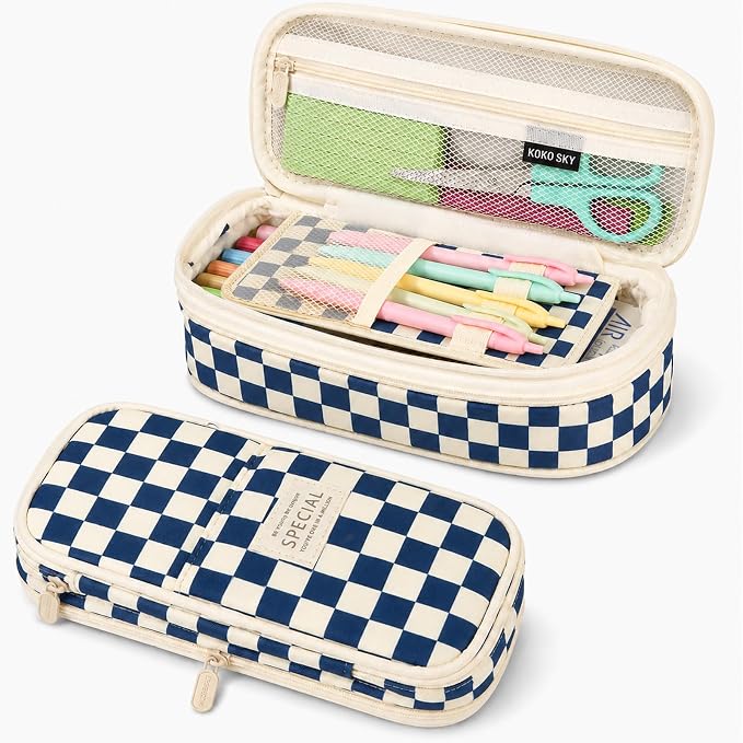 Pencil Case, Large Capacity Aesthetic Pencil Cases with Durable Zipper, Big Stationery Pencil Pouch for Women & Men, Adults Portable Storage Organizer Bag for College, office, Travel (Blue Grid)