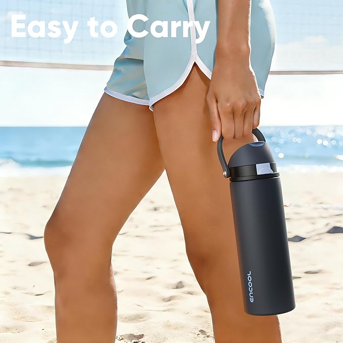Insulated Water Bottle with Straw - Encool Stainless Steel Water Bottle with Push Button Lid, Leak-Proof & BPA-Free, Keeps Cold for 24 Hours for Sports, Travel, Gym (24 oz, Tuna Grey-Silver)