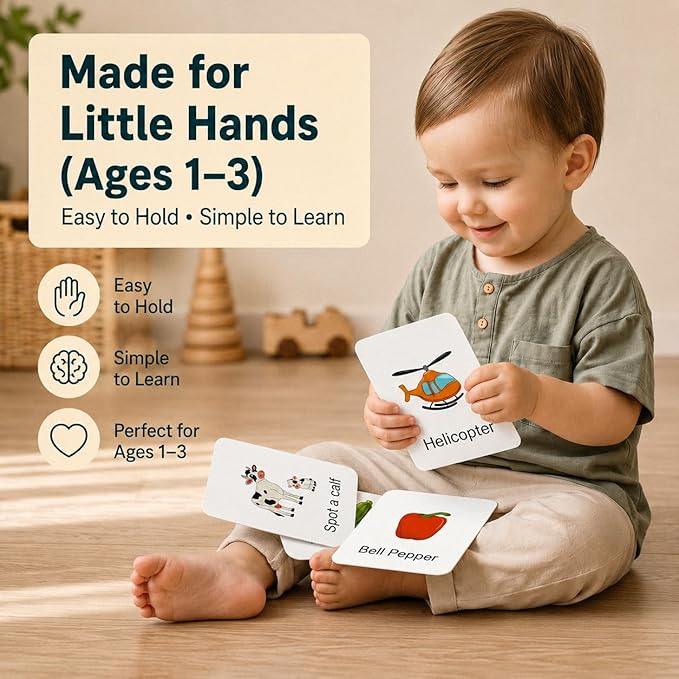 Flash Cards for Toddlers 1–3 – 55 Thick & Durable Learning Flashcards, First Words, Real-Life Images, Montessori Toy 12+ Months