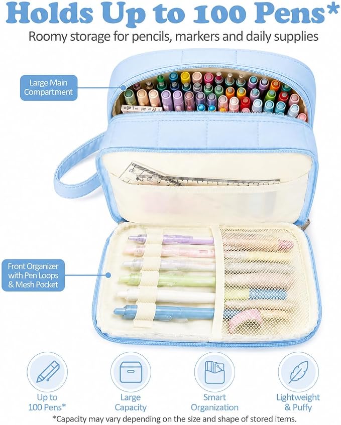 Puffer Quilted Pencil Pouch for Women, Large Capacity Organizer Bag with Multiple Compartments, Cute Aesthetic Pencil Case for Office, Travel & Daily Essentials(beige)