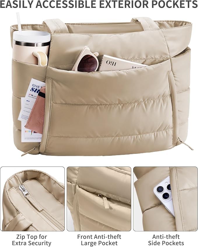 Bagstellar Puffer Tote Bag for Women, Lightweight Puffy Work Handbag Teacher Nurse Quilted Shoulder Bag for School Travel Gym | Cloud Bag w/ Zipper