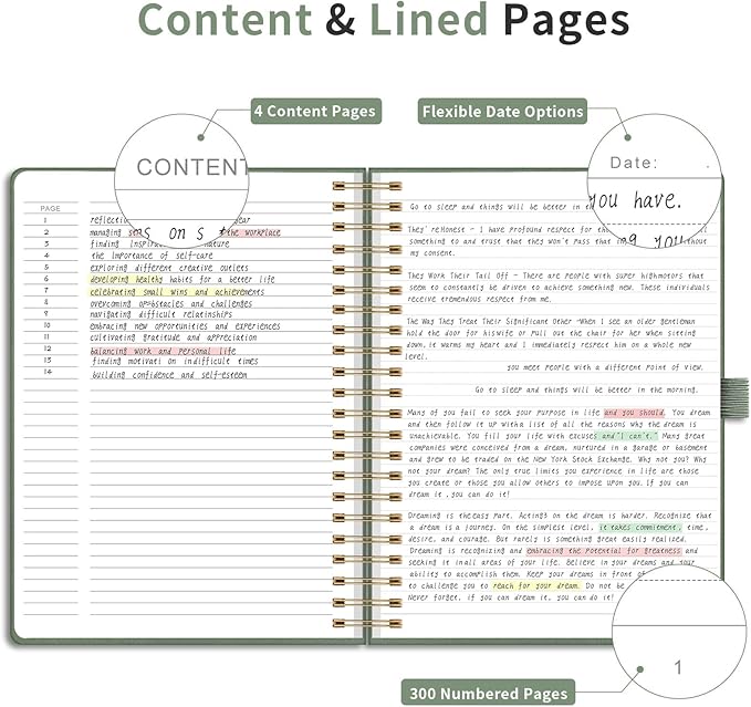EMSHOI A4 Spiral Notebook College Ruled, Large 8.27"x11.2", Thick 300 Numbered Pages 100GSM Ink-Proof, Faux Leather Hardcover Lay-Flat Lined Journal for Work Office School Writing, Light Green
