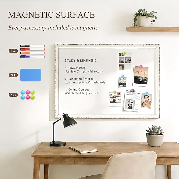 White Board for Wall, 18" x 12" Magnetic Dry Erase Board, Vintage Wooden Frame Decorative Whiteboard, Wall Mounted, White-Washed, Aesthetic Writing Board for Home, Office, School