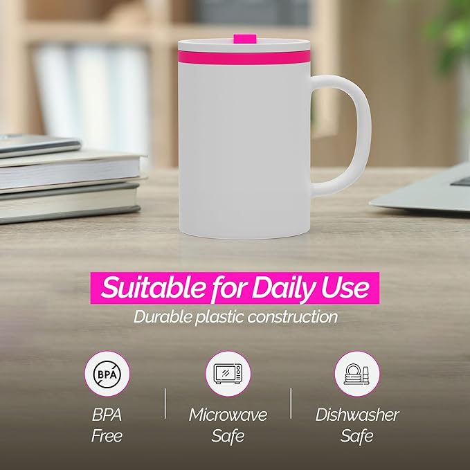 Copco Iconic 16oz Double Wall Insulated Desk Mug with Lid and Handle, Set of 2, BPA-Free Reusable Plastic, Spill-Resistant, Microwave & Dishwasher Safe, Wide Mouth (Pink)